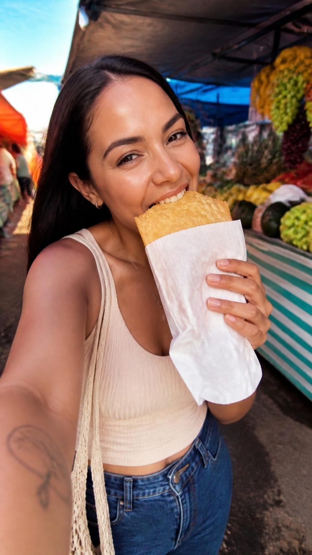Criadora morde um pastel numa selfie em meio às barracas de frutas de uma feira de rua.