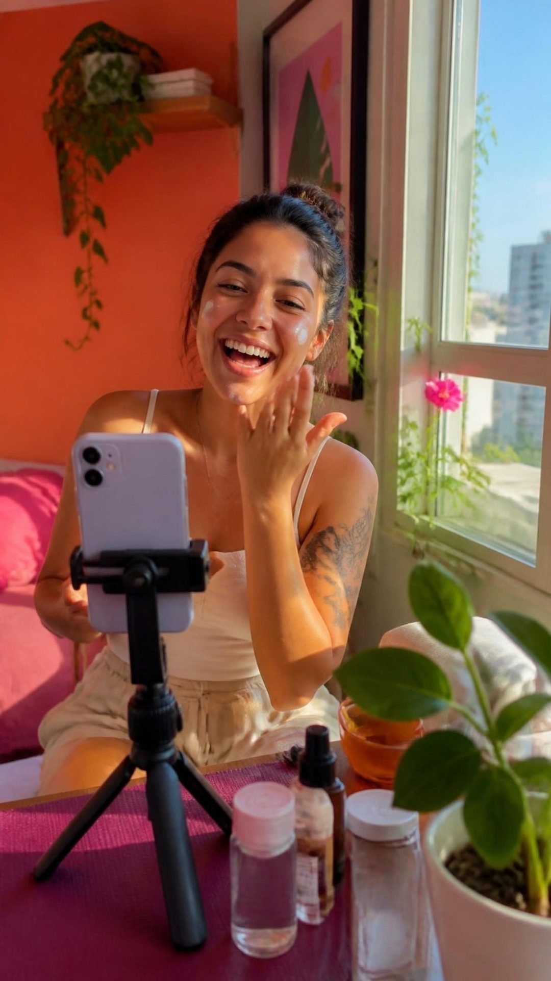 Criadora ri enquanto grava um vídeo de cuidados com a pele no quarto, com o celular num tripé e frascos na mesa.
