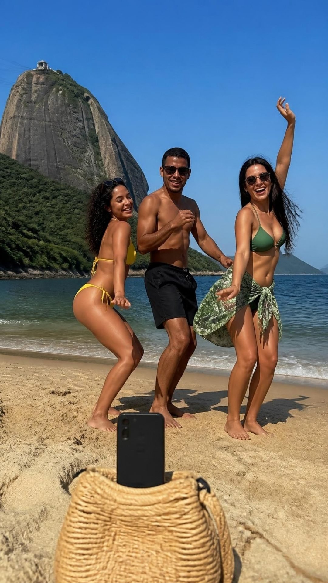 Três amigos dançam na areia da praia enquanto se filmam com o celular encaixado numa bolsa de palha, com o mar e um morro ao fundo.