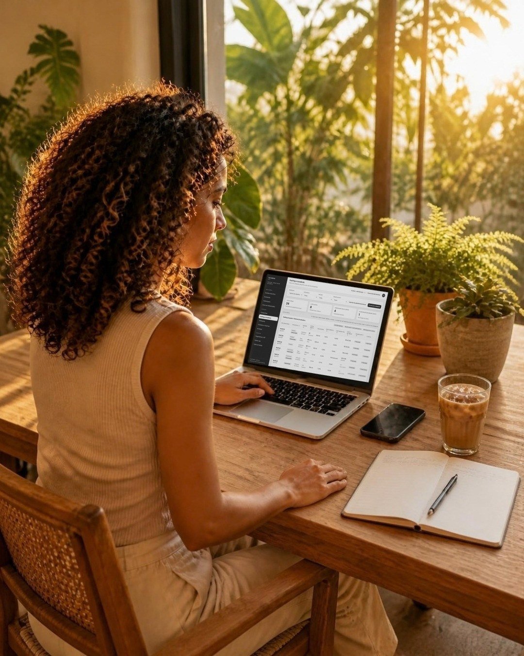 Curadora analisa no notebook a tela de casting e curadoria do sistema, com um caderno aberto e café gelado ao lado, numa mesa junto à janela.