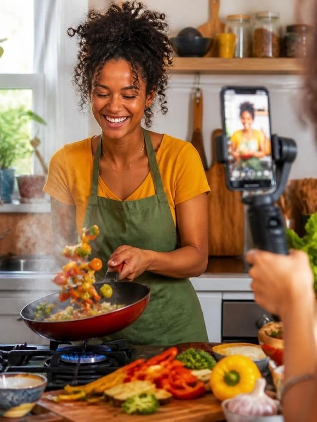 Criadora de conteúdo de culinária ri enquanto salteia legumes coloridos na frigideira, filmada por uma amiga com o celular num estabilizador.
