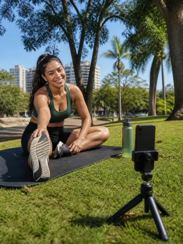 Criadora de conteúdo fitness se alonga num tapete de ioga num parque ensolarado, gravando com o celular num tripé na grama.