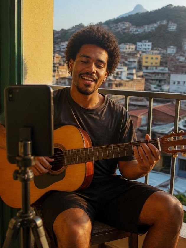 Músico canta e toca violão numa sacada ao fim da tarde, com a cidade ao fundo e o celular num tripé filmando.