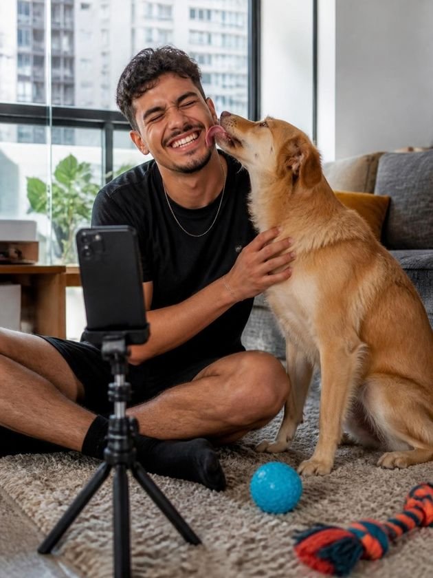 Criador de conteúdo sobre pets ri sentado no chão da sala enquanto o cachorro lambe o rosto dele, com o celular num tripé.