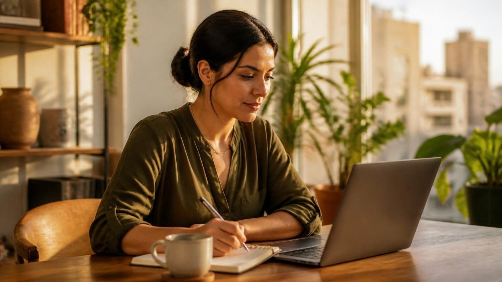 Profissional de marketing anota num caderno ao lado do laptop, com café, plantas e a luz do fim de tarde na janela.