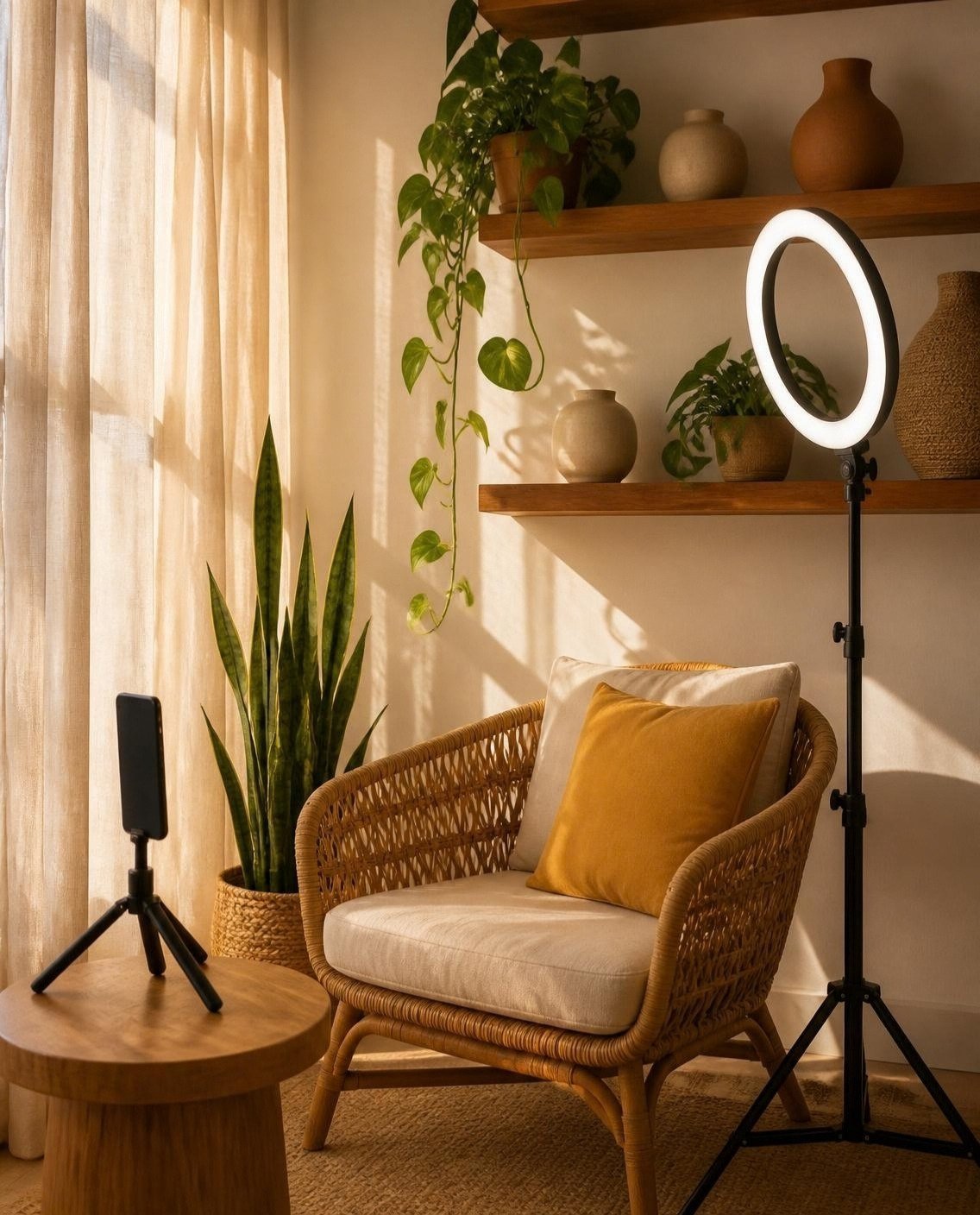 Canto de apartamento com luz de fim de tarde, ring light, celular num tripé e uma poltrona de vime: o set caseiro de quem cria conteúdo.