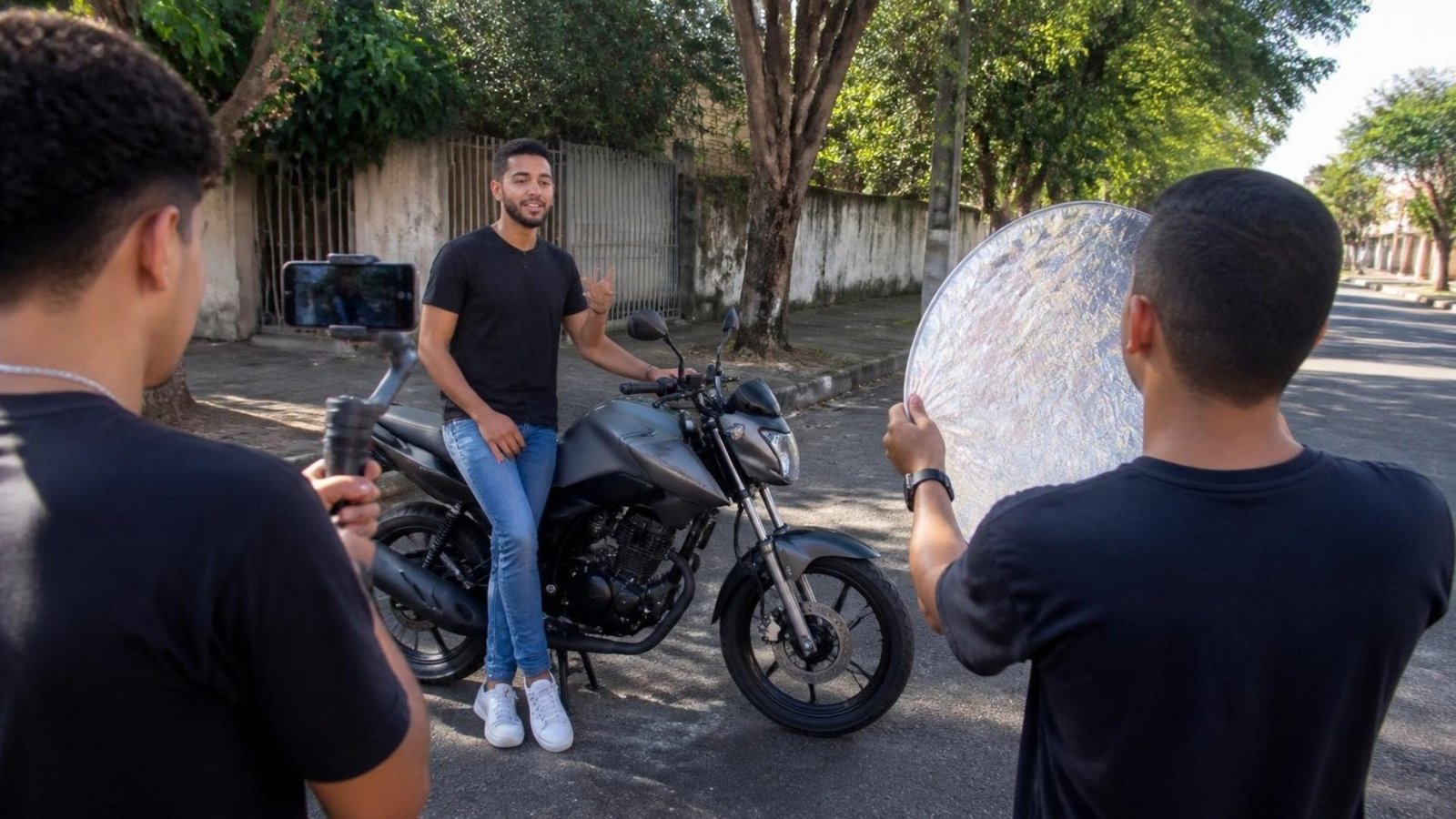 Criador sentado numa moto urbana numa rua arborizada, filmado por uma equipe com celular no gimbal e rebatedor prateado.