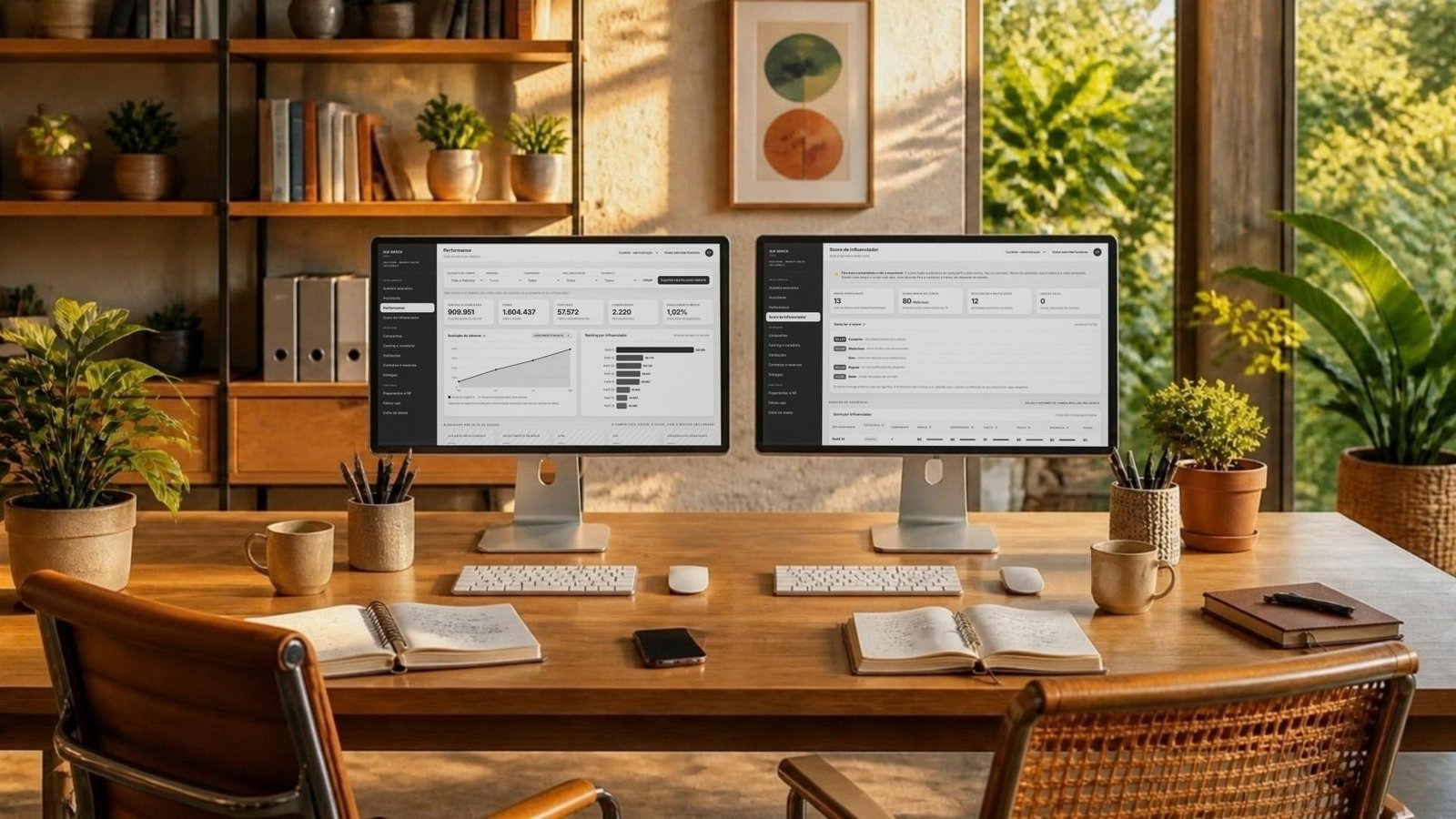 Mesa da operação sem pessoas, com dois monitores mostrando telas do sistema, teclados, mouses, cadernos e canecas.